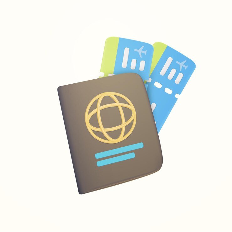 Illustrazione 3d dell'ID del passaporto internazionale con il globo per le vacanze e il viaggio con i biglietti aerei
