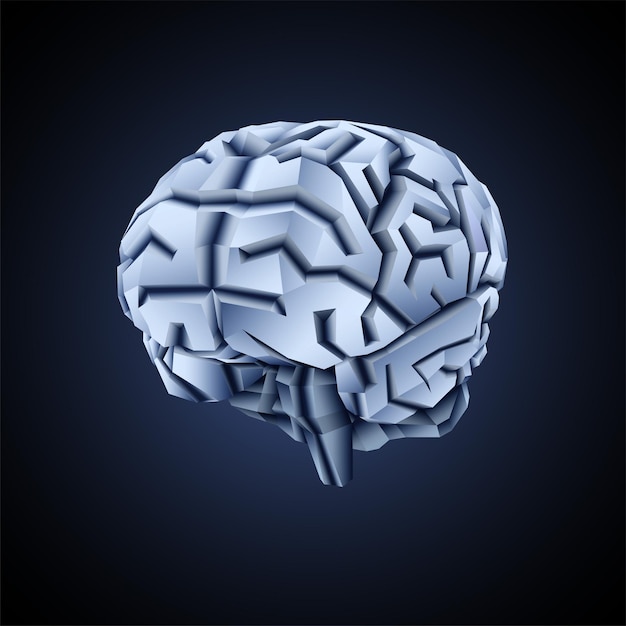 Illustrazione 3D di un cervello umano realizzato con forme geometriche in stile metallico