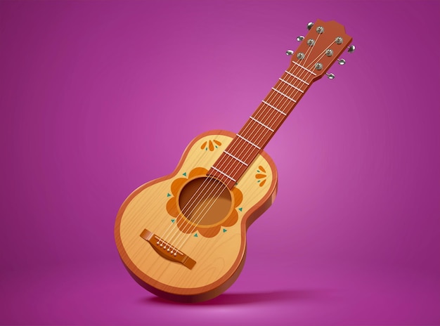 illustrazione 3d di una chitarra di legno con sfondo viola isolato motivo messicano