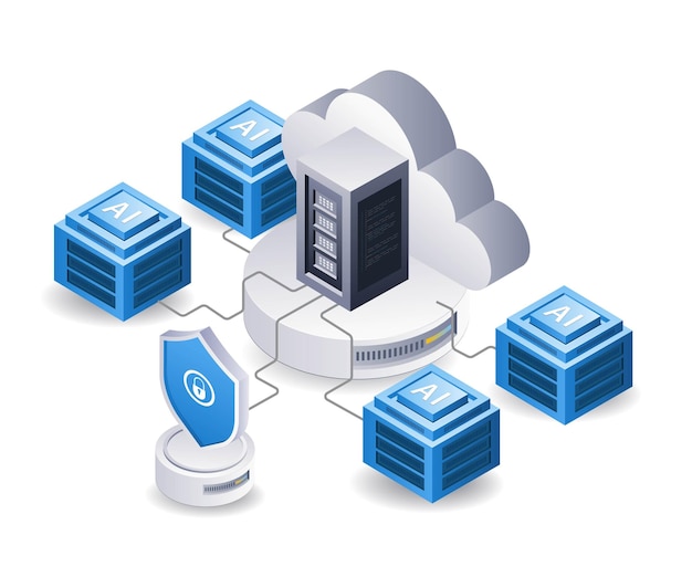 Illustrazione 3D isometrica piatta di sicurezza dell'intelligenza artificiale del server cloud