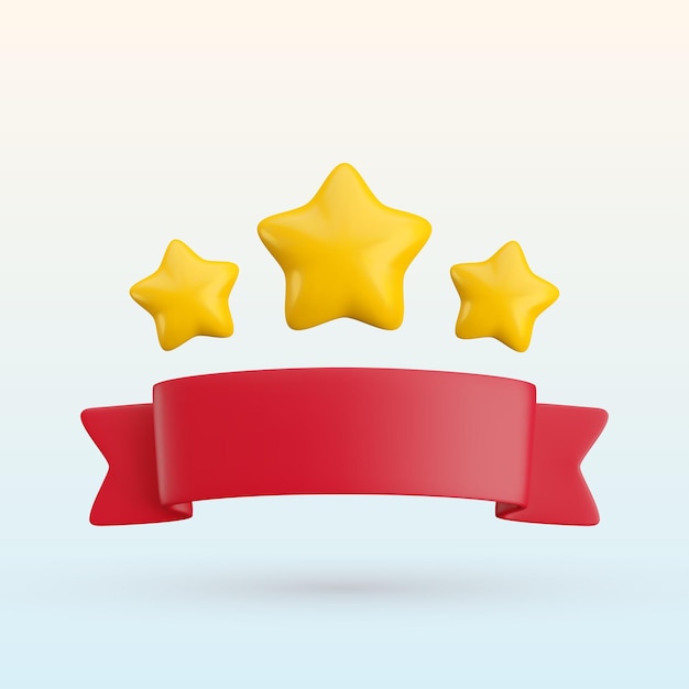 Illustrazione 3D vettoriale realistica nastro rosso con tre stelle d'oro Elemento di design vintage adesivo decorativo Disegno animato minimo 3D lucido nastro vincitore in vendita banner pubblicità app gioco