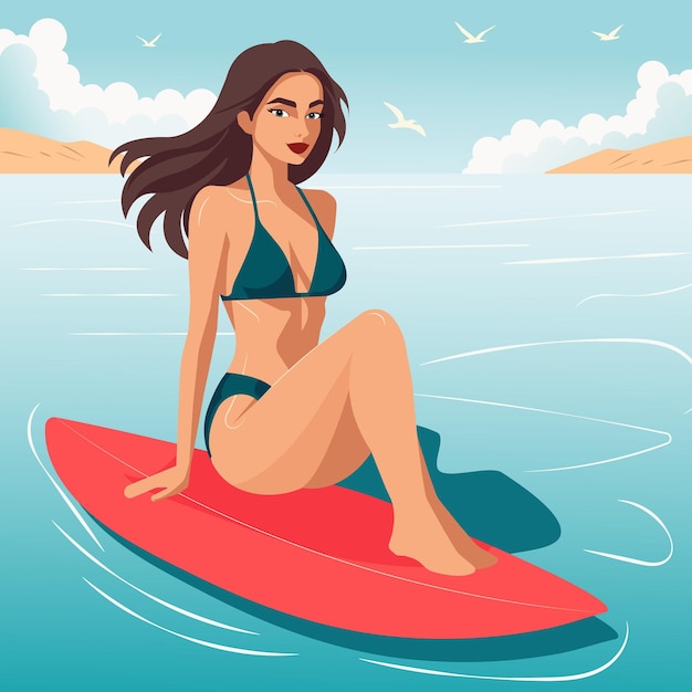 Illustrazione a cartone animato piatto vettoriale di una ragazzina in costume da bagno seduta su una tavola da surf sulle onde