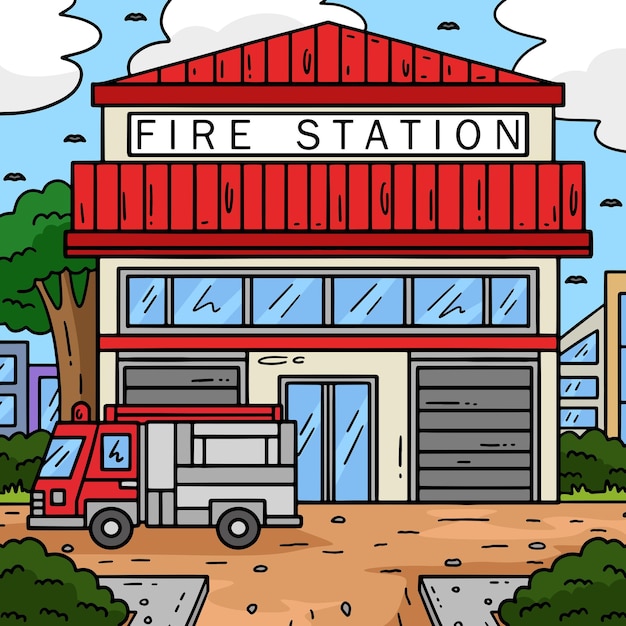 Illustrazione a colori della stazione dei vigili del fuoco