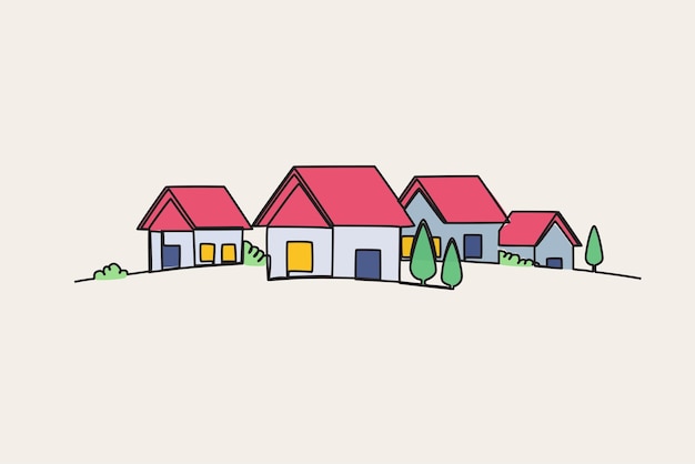 Illustrazione a colori di un villaggio densamente popolato Disegno a una linea del villaggio