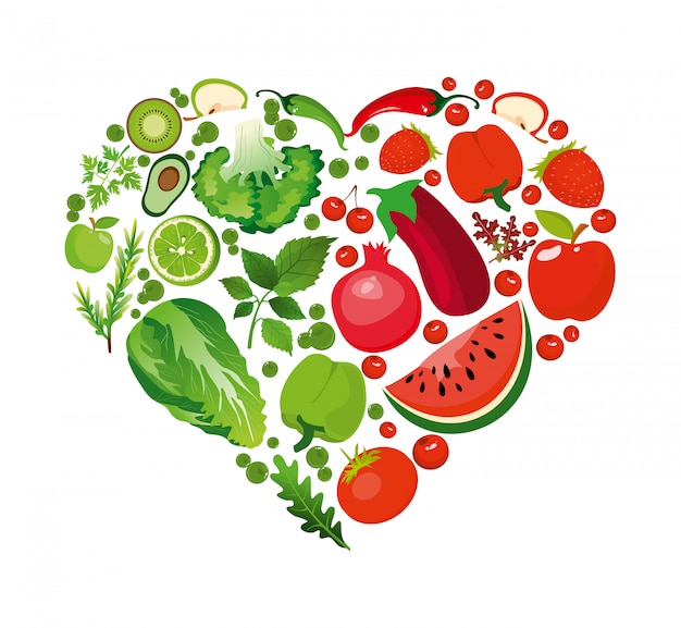 illustrazione a forma di cuore di frutta e verdura rossa. Concetto organico di nutrizione sana nello stile piano.