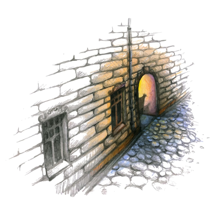 Vettore illustrazione a matita colorata di una vecchia strada della città con un arco misteriosa e mistica città notturna
