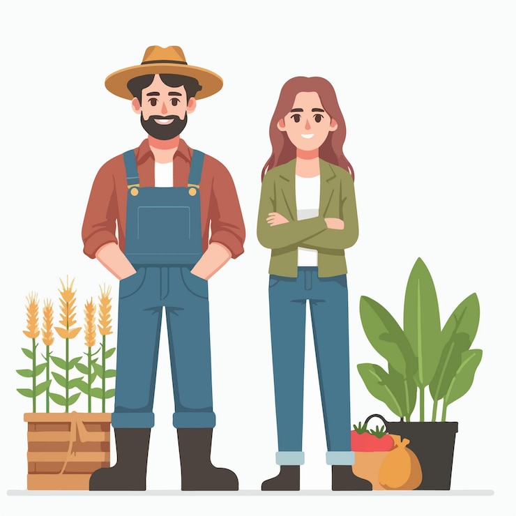 Vettore illustrazione a piatto di una coppia di contadini sposati