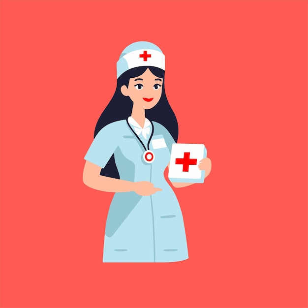 Illustrazione a piatto vettoriale dell'infermiera che tiene la scatola di primo soccorso