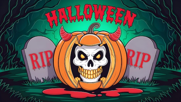 Illustrazione a tema di Halloween con una zucca con la faccia divisa una metà è un tradizionale intagliato