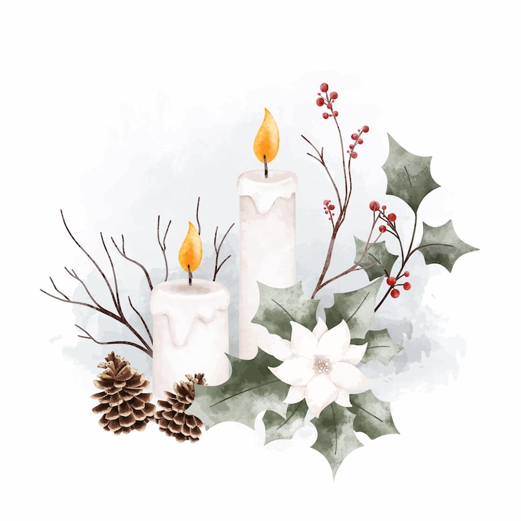Vettore illustrazione ad acquerello candele e ornamenti di natale