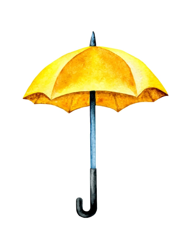 Vettore illustrazione ad acquerello con ombrello giallo elemento clipart disegnato a mano isolato su sfondo bianco