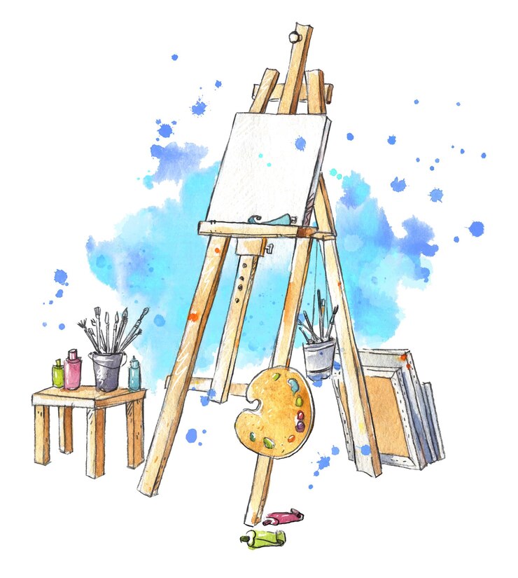 Vettore illustrazione ad acquerello del cavalletto in studio, sul posto di lavoro dell'artista