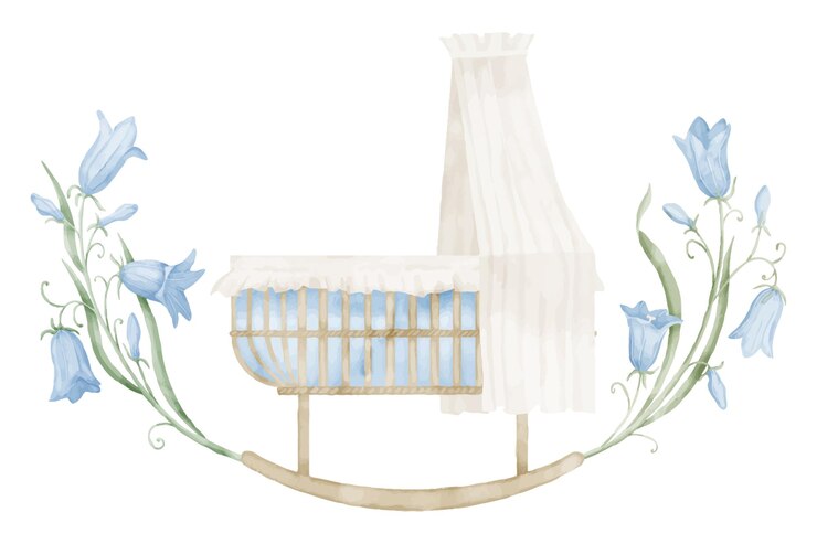 Vettore illustrazione ad acquerello della culla disegnata a mano cribolo a colori pastello per biglietti di auguri per la doccia del bambino o inviti per i neonati disegno di letto vintage per bambino con fiori di campana blu su uno sfondo isolato