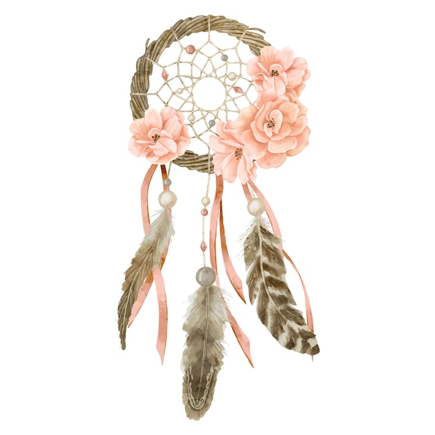 Illustrazione ad acquerello di Dreamcatcher Disegno di dream catcher con fiori di rosa su uno sfondo isolato in stile boho Amuleto tribale boemo con piume e nastri per inviti a nozze o icona