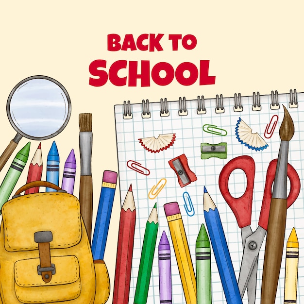 Illustrazione ad acquerello di ritorno a scuola con forniture