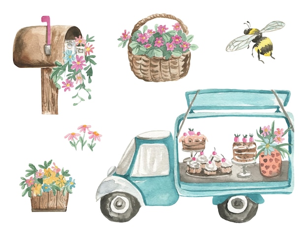 Illustrazione ad acquerello di un carro con fiori e dolci, un cesto, una cassetta delle lettere con fiori e ab