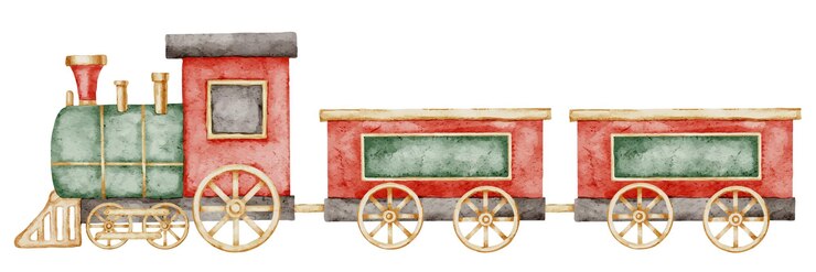 Vettore illustrazione ad acquerello di un treno a vapore d'epoca con carri disegno di un giocattolo retro per bambini