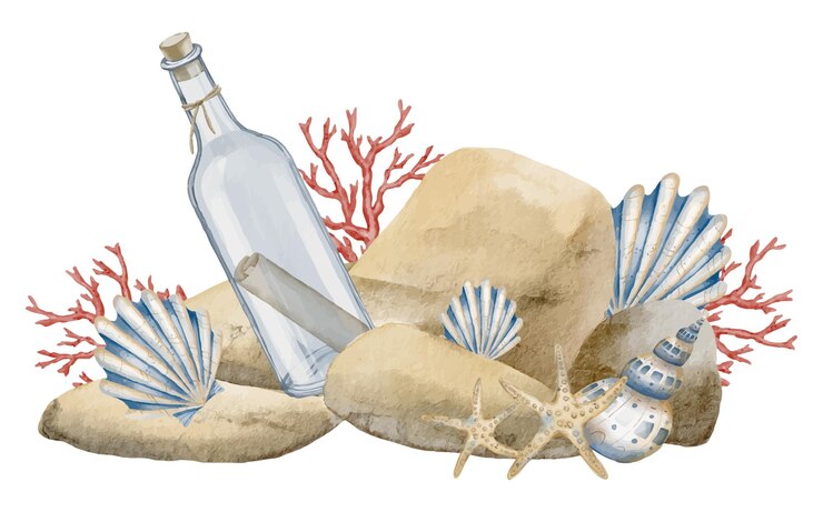 Vettore illustrazione ad acquerello di una bottiglia con messaggio circondato con conchiglie marine, coralli e rocce disegno di ciottoli con concheglie marine e posta in barattolo di vetro su sfondo isolato per il design nautico