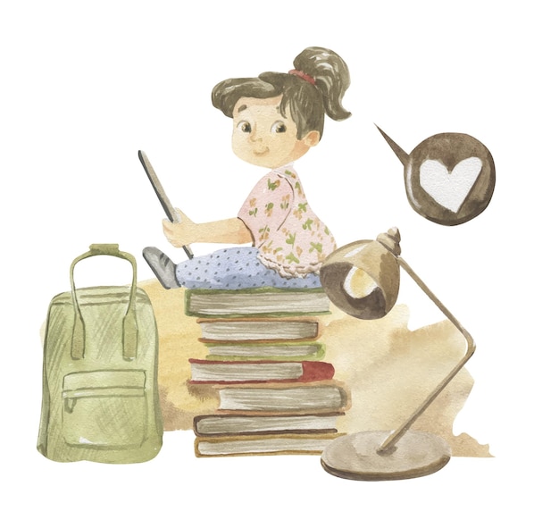 Illustrazione ad acquerello di una ragazza che legge un libro su una pila di libri uno zaino e una lampada da tavolo