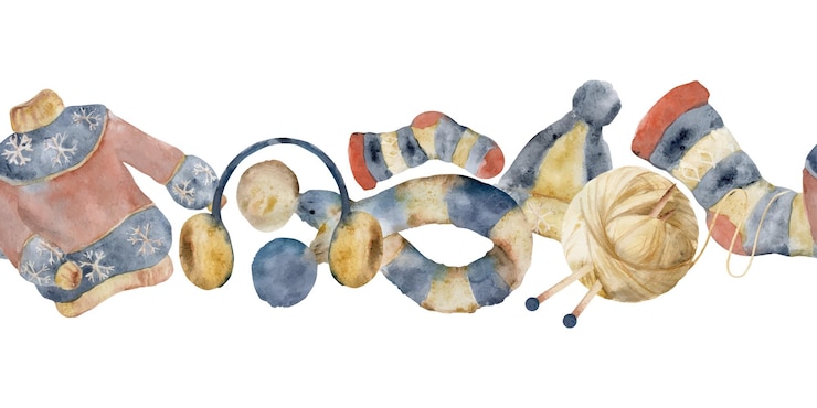 Vettore illustrazione ad acquerello disegnata a mano abbigliamento in lana a maglia accessori maglione cappello sciarpa calze palla di filato con aghi banner senza cuciture isolato su sfondo bianco logo del negozio carta stampata