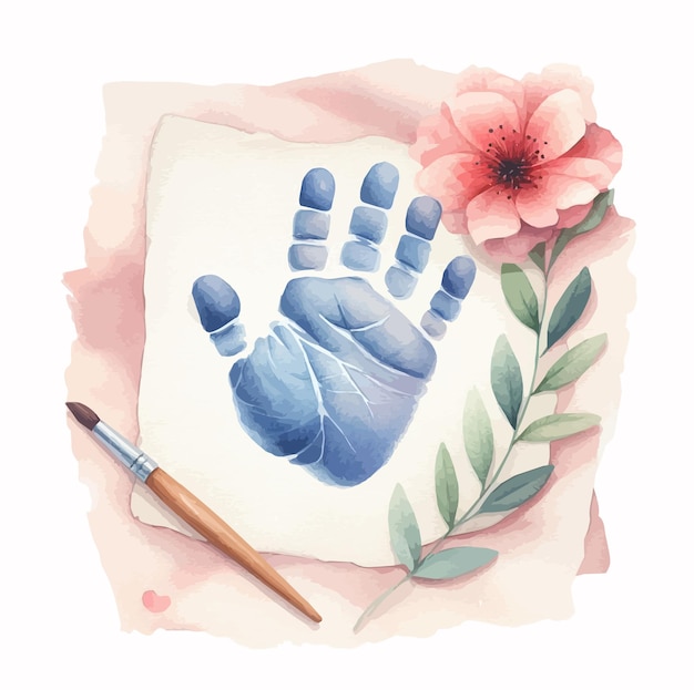 Illustrazione ad acquerello disegnata a mano di una mano di un bambino con un pennello e un fiore