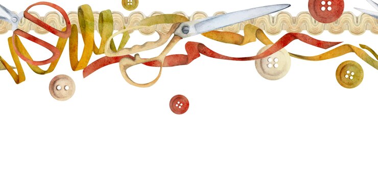 Vettore illustrazione ad acquerello disegnata a mano rifornimenti di artigianato a cucire tessuto forbici snaps bottoni nastro pizzo