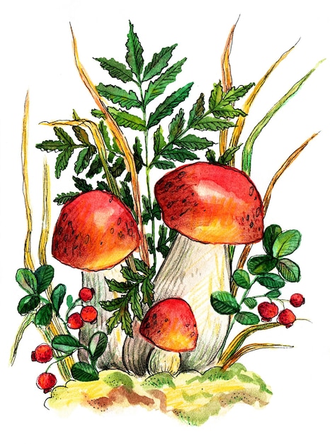 illustrazione ad acquerello funghi autunnali e mirtilli rossi sullo sfondo di felci ed erbe aromatiche