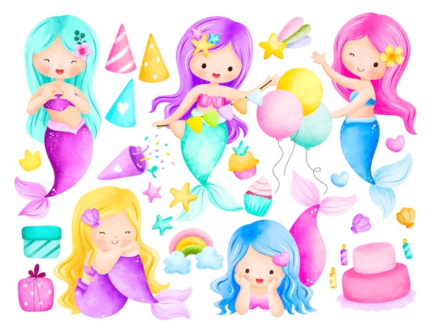 Illustrazione ad acquerello Sirena ed elementi di compleanno