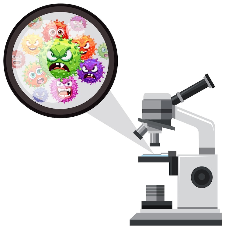 Vettore illustrazione al microscopio di batteri, germi e virus spaventosi
