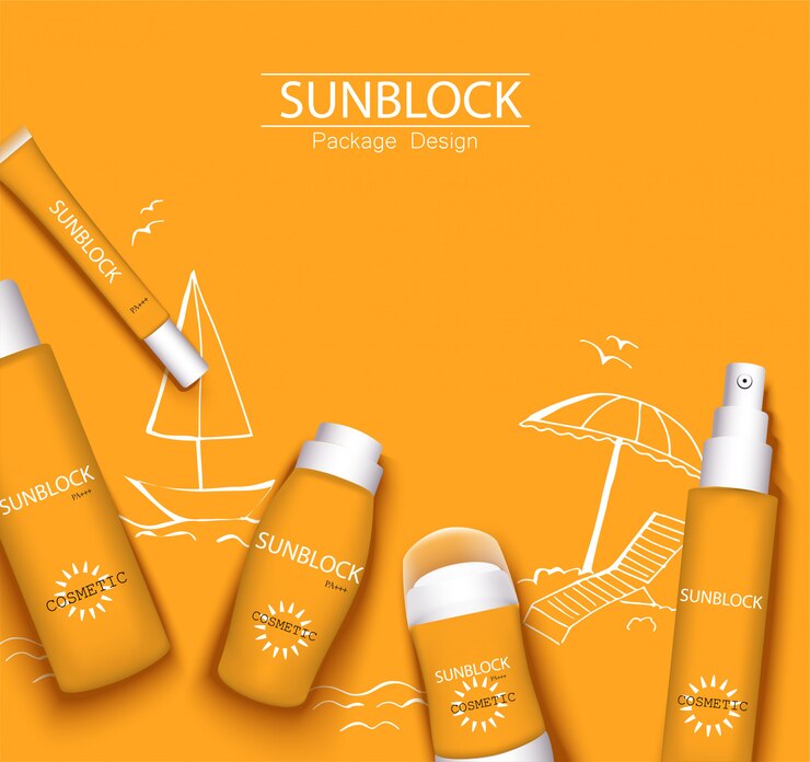 Illustrazione alla moda arancione monocromatica, modello di progettazione di imballaggio dei cosmetici di protezione solare. Crema solare e crema solare, spray, latte, antitraspirante