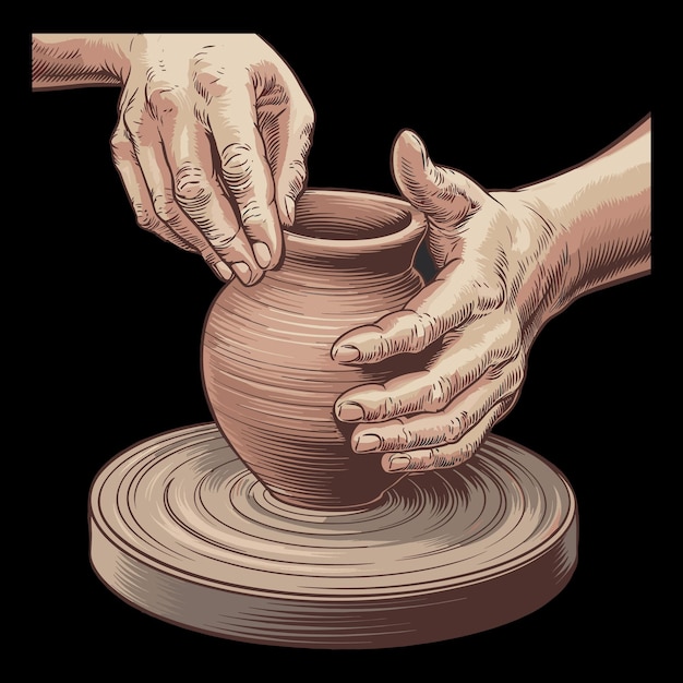 Illustrazione artistica della ruota di ceramica con mani che lavorano l'argilla su sfondo nero