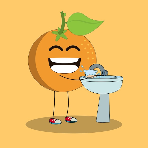 Illustrazione artistica Doodle Kawaii Fruits Symbol Character Orange Mascot Activity quando si lava a mano