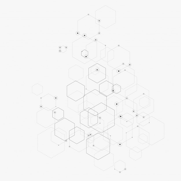 Illustrazione astratta con esagoni, linee e punti su bianco. Infografica esagonale. Tecnologia digitale, scientifica o medica.