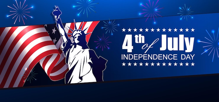 Vettore illustrazione blu con bandiera usa elemento di design componente statua silhouette fuochi d'artificio festivi