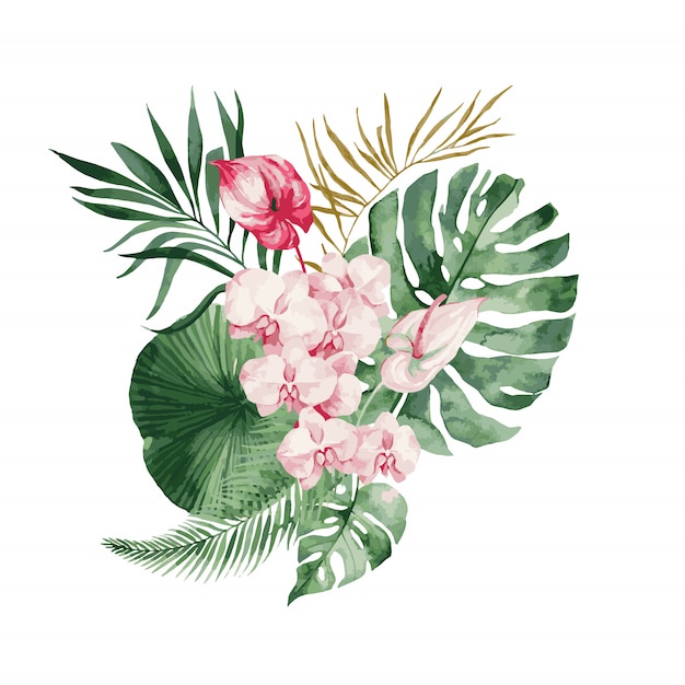 illustrazione, bouquet di acquerelli con foglie e fiori tropicali, orchidea bianca, rosa rosa e anthurium bianco, monstera e foglie di palma.