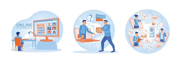 Illustrazione che raffigura conferenze online, interviste di lavoro e collaborazione globale