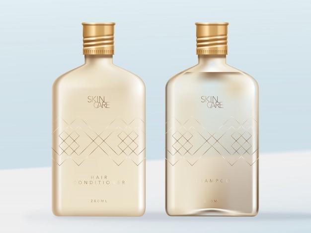 Illustrazione chiara o trasparente dell'alcool, cura della pelle o illustrazione della bottiglia di vetro di bellezza. Shampoo e balsamo, formulazione opaca e trasparente.