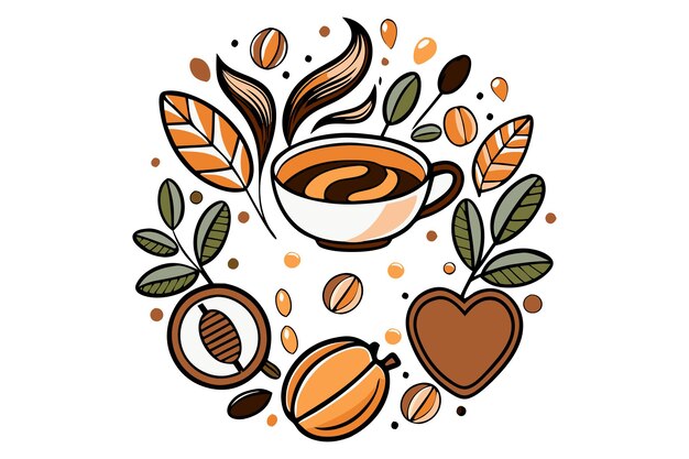 Illustrazione colorata a tema caffè con foglie di fagioli e design di tazze
