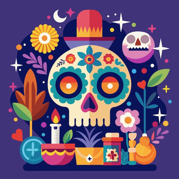 Illustrazione colorata del Giorno dei Morti Teschio di zucchero festivo e simboli messicani Arte