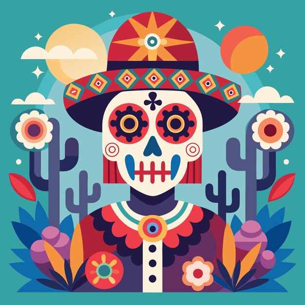 Illustrazione colorata del Giorno dei Morti Teschio di zucchero festivo e simboli messicani Arte