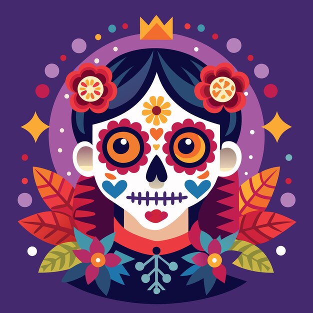 Illustrazione colorata del Giorno dei Morti Teschio di zucchero festivo e simboli messicani Arte