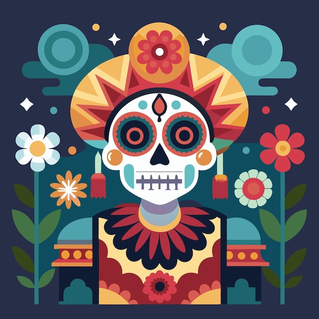 Illustrazione colorata del Giorno dei Morti Teschio di zucchero festivo e simboli messicani Arte
