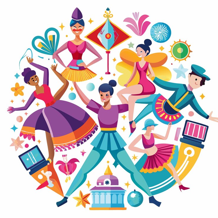 Vettore illustrazione colorata di persone che ballano in cerchio con stelle e fiori