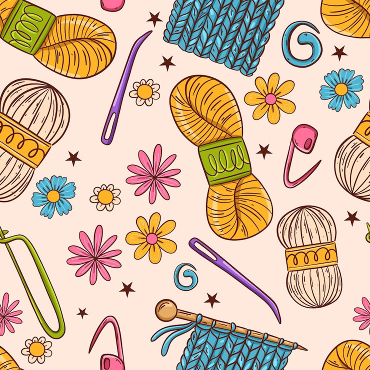 Vettore illustrazione colorata di strumenti da maglieria e modelli di filati