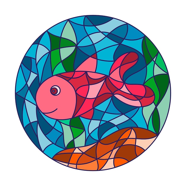 Illustrazione colorata in stile vetro colorato con pesce astratto Immagine per stampa Batik e finestra