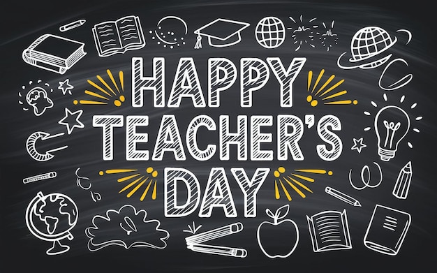 illustrazione con il testo HAPPY TEACHERS DAY esposto in modo prominente al centro