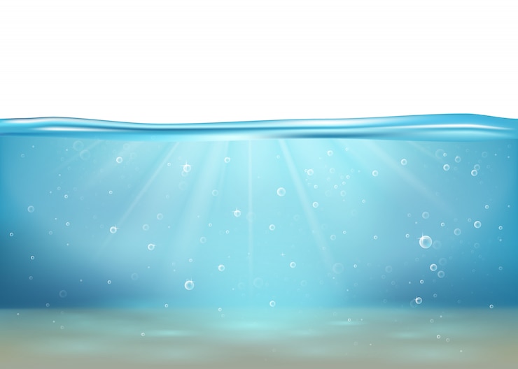 Vettore illustrazione con la scena del mare subacqueo profondo. banner con con superficie dell'acqua di orizzonte. superficie dell'oceano.