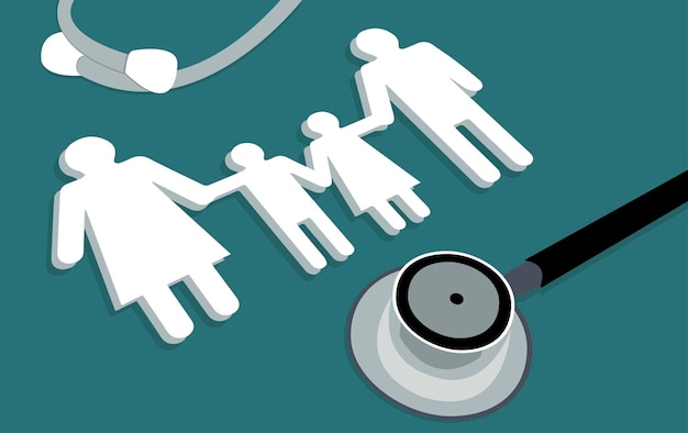 illustrazione con stetoscopio e figurine di famiglia su sfondo blu.