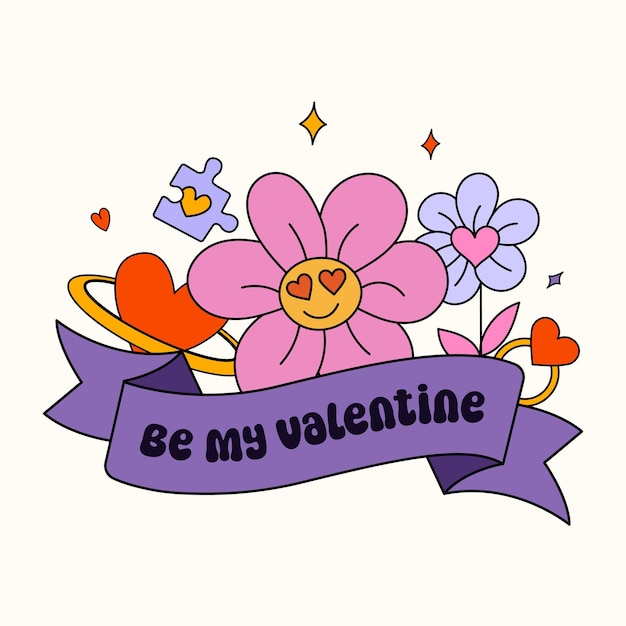 illustrazione con un fiore rosa con occhi un nastro viola con elementi decorativi
