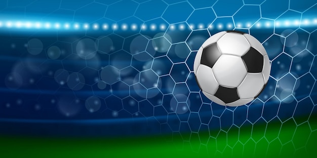 Illustrazione con un pallone da calcio realistico che vola nella rete di una porta di calcio sullo sfondo delle tribune dello stadio
